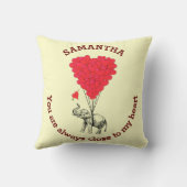 名前入りなロマンチックな象および赤いハート クッション (裏面)