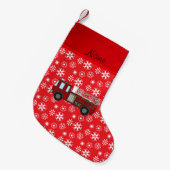名前入りな一流の普通消防車の赤く白い雪片 スモールクリスマスストッキング (正面 (吊り時))