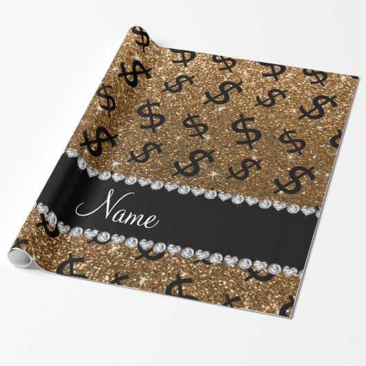 名前入りな一流の金ゴールドのグリッターのドル記号 ラッピングペーパー (アンロールド)