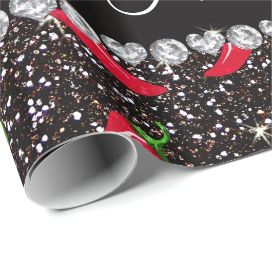 名前入りな一流の黒いグリッターのチリペッパー ラッピングペーパー (ロールコーナー)