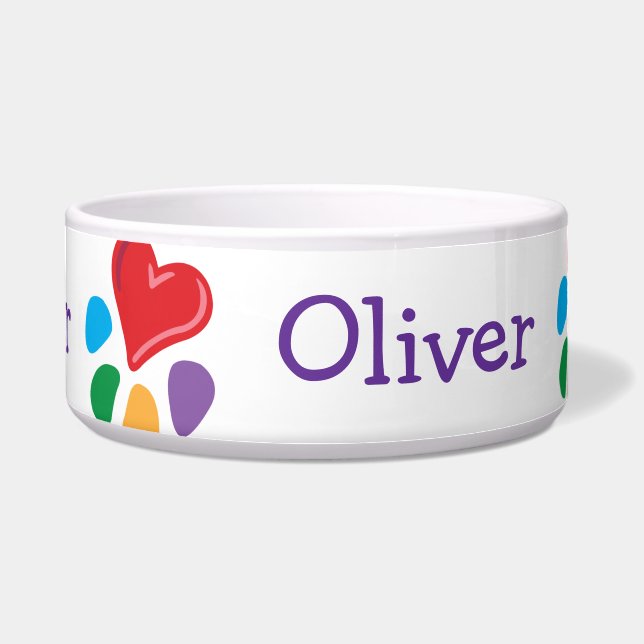 名前入りなLover_Heart-Paw動物のパターン ボウル (正面)