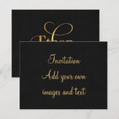 名前入りのうねる筆記体 イーサン ゴールド 黒 招待状 (正面/裏面)