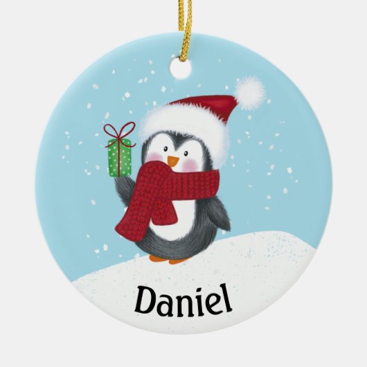 名前入りのかわいいペンギンのクリスマス陶器オーナメント セラミックオーナメント (正面)