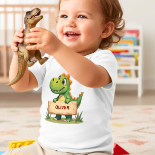 名前入りのかわいい恐竜デザイン ベビーTシャツ