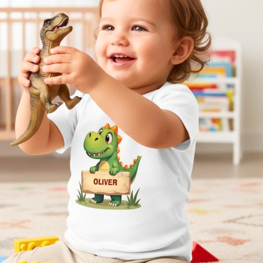 名前入りのかわいい恐竜デザイン ベビーTシャツ
