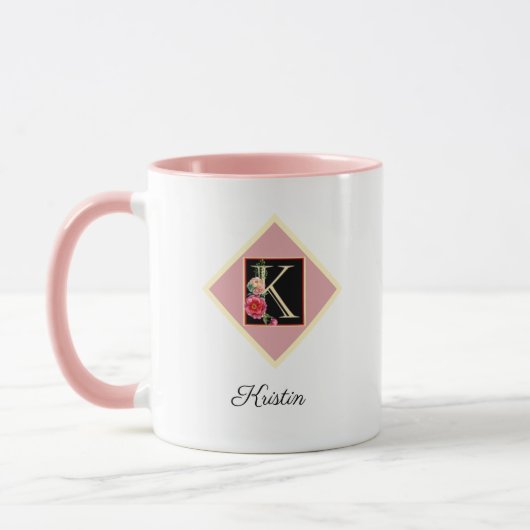 名前入りのオリジナルヴィンテージローズ「K」マグカップ マグカップ (左)
