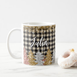 名前入りのクリスマスチェックとグリッター コーヒーマグカップ