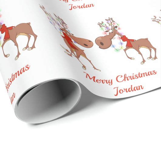 名前入りのクリスマスプレゼント用のユーモアあふれるトナカイ ラッピングペーパー (ロールコーナー)