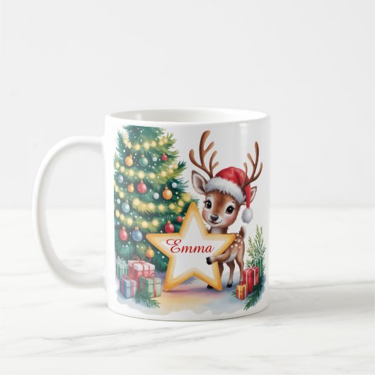名前入りのクリスマス用トナカイ カスタムネーム コーヒーマグカップ (左)