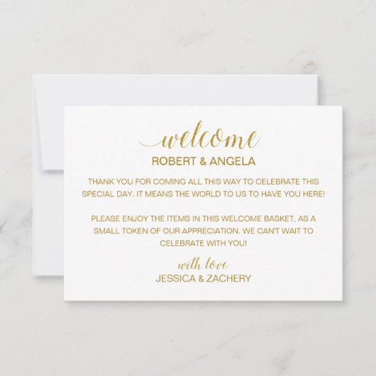 名前入りのゴールドウェディングウェルカムギフトバッグバスケット (正面)