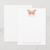 名前入りのゴールドグリッター ブラッシュピンク バタフライ サンキューカード (正面/裏面)