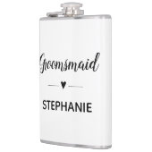名前入りのスクリプトが付いたミニマリストのウェディング用ブライズメイド フラスク (左)