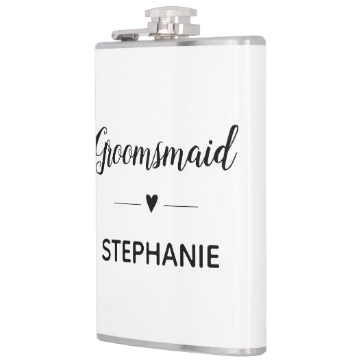 名前入りのスクリプト結婚式のためのミニマリストのブライズメイド フラスク (左)