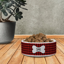 名前入りのドッグボーンがプリントされた黒と赤のバフォチェック ボウル