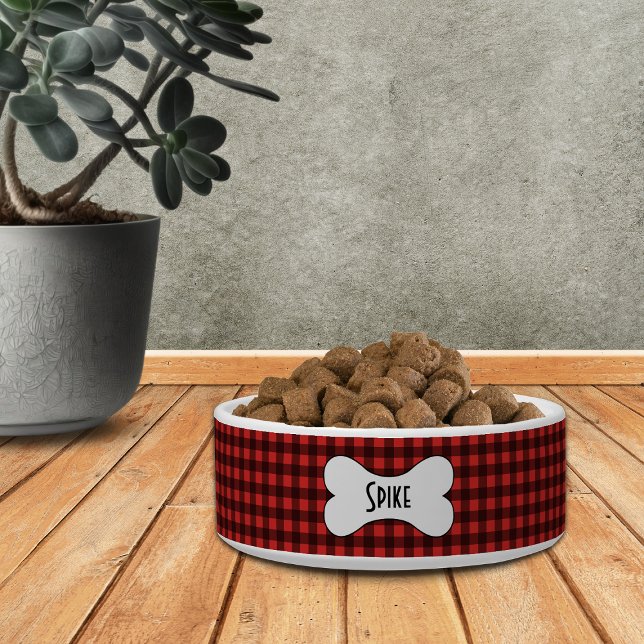 名前入りのドッグボーンがプリントされた黒と赤のバフォチェック ボウル (クリエイターアップロード済み)