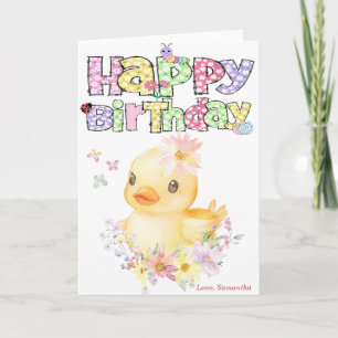 名前入りのピンクのゴムのあひるの1歳の誕生日カード カード
