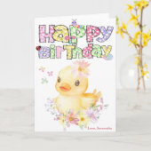 名前入りのピンクのゴムのあひるの1歳の誕生日カード カード (黄色い花)