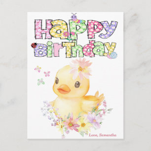 名前入りのピンクのゴムのあひるの1歳の誕生日カード ポストカード