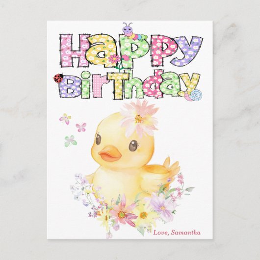名前入りのピンクのゴムのあひるの1歳の誕生日カード ポストカード (正面)