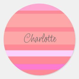 名前入りのピンクのストライプ ラウンドシール