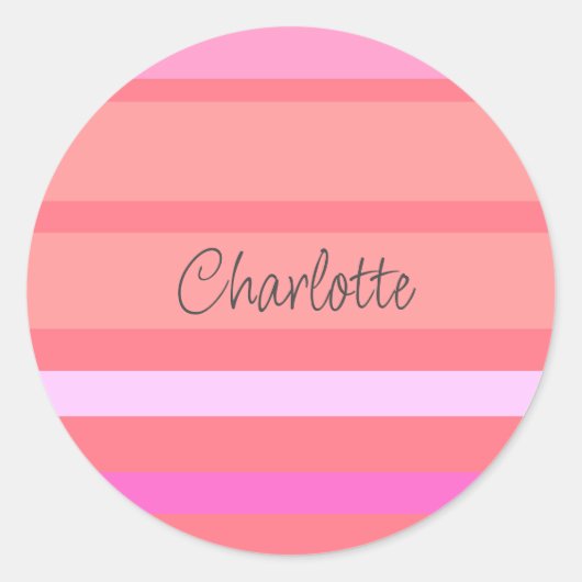名前入りのピンクのストライプ ラウンドシール (正面)