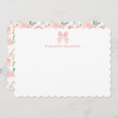 名前入りのピンクの蝶リボン 花柄 赤ちゃん ステーショナリー ノートカード (正面/裏面)