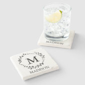 名前入りのモノグラム葉飾りリース ストーンコースター (横)