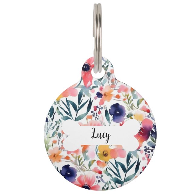 名前入りの水彩花柄ラウンドペットタグ ペット　ネームタグ (正面)