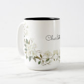 名前入りの白い花模様のマグカップ, エレガントなオーダーメイドネーム ツートーンマグカップ (正面左)