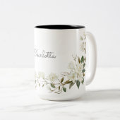 名前入りの白い花模様のマグカップ, エレガントなオーダーメイドネーム ツートーンマグカップ (正面右)