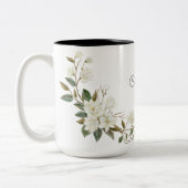名前入りの白い花模様のマグカップ, エレガントなオーダーメイドネーム ツートーンマグカップ (左)