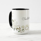 名前入りの白い花模様のマグカップ, エレガントなカスタムネーム マグカップ (正面左)