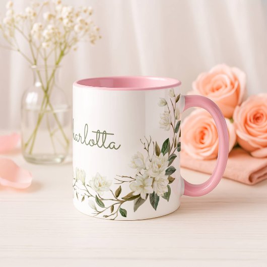 名前入りの白い花模様のマグカップ, エレガントなカスタムネーム マグカップ