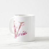 名前入りの花柄イニシャルマグカップ - アルファベットのV コーヒーマグカップ (正面左)