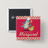 名前入りの記章を調理しているヴィンテージのスタイルのブルーバードのシェフ 缶バッジ (正面&裏面)