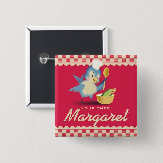 名前入りの記章を調理しているヴィンテージのスタイルのブルーバードのシェフ 缶バッジ (正面&裏面)