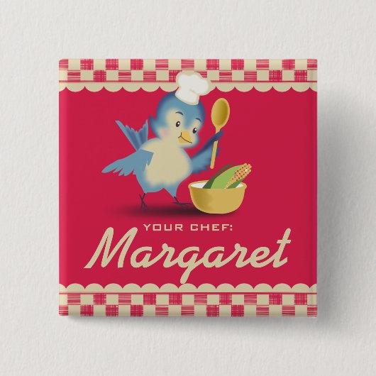 名前入りの記章を調理しているヴィンテージのスタイルのブルーバードのシェフ 缶バッジ (正面)