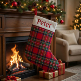 名前入りの赤いタータン柄のクリスマスストッキング スモールクリスマスストッキング