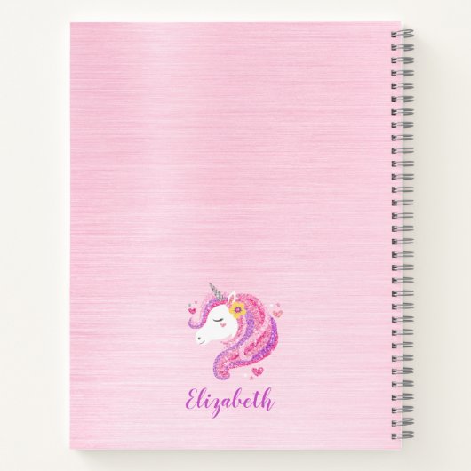 名前入りの魔法のピンクのきらきらユニコーンの顔 ノートブック (裏面)