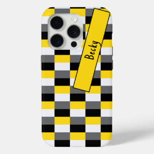 名前入りイエロー・ブラック・グレー配色デザイン iPhone 15 PROケース