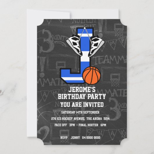 名前入りイニシャルバスケットボール文字J 招待状 (裏面)