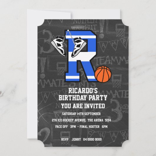 名前入りイニシャルバスケットボール文字R 招待状 (裏面)