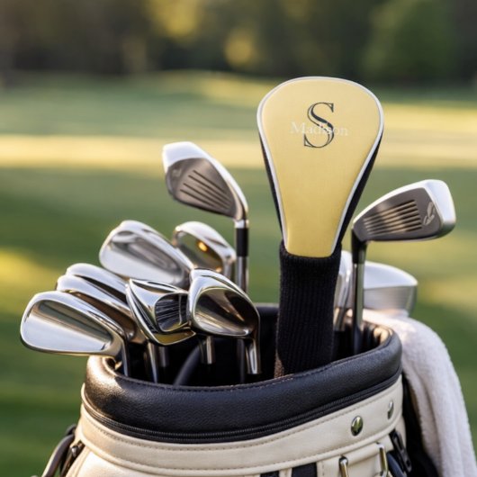 名前入りイニシャル モノグラム ソフト イエロー ブラック ヨガ ゴルフヘッドカバー