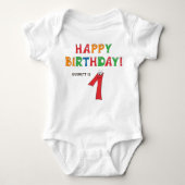 名前入りカラフルアルファベットの1歳誕生日デザイン ベビーボディスーツ (正面)