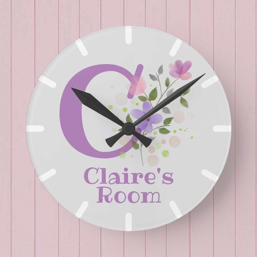 名前入りキッズベッドルーム時計 Claire ラウンド壁時計