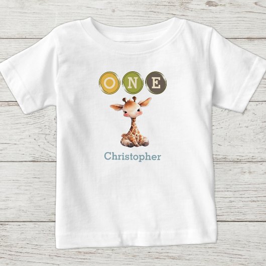 名前入りキリン1歳の誕生日 ベビーTシャツ