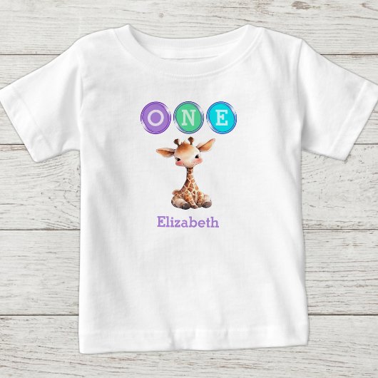 名前入りキリン1歳の誕生日 ベビーTシャツ
