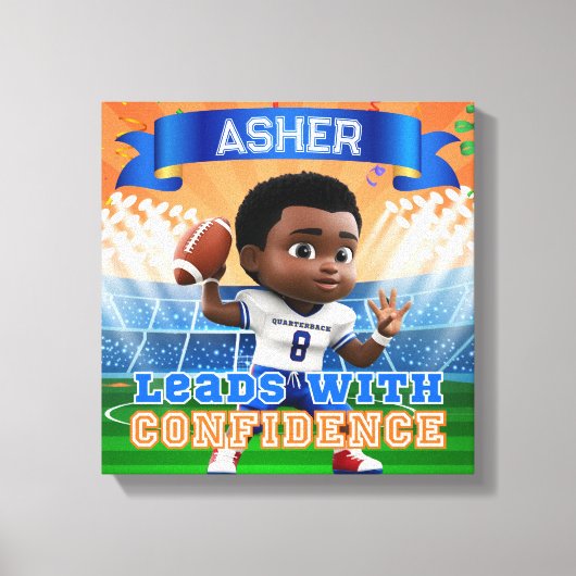 名前入りクォーターバックフットボール自信 キャンバスプリント (正面)