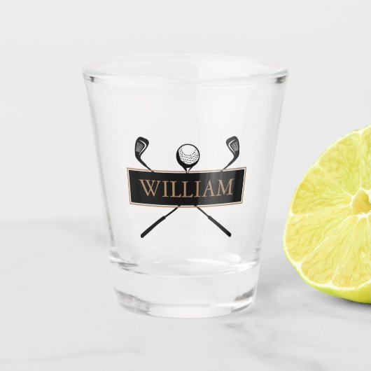 名前入りゴールドとブラックのゴルフクラブ ショットグラス (正面)