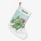 名前入りティラノサウルスのクリスマス スモールクリスマスストッキング (正面 (吊り時))